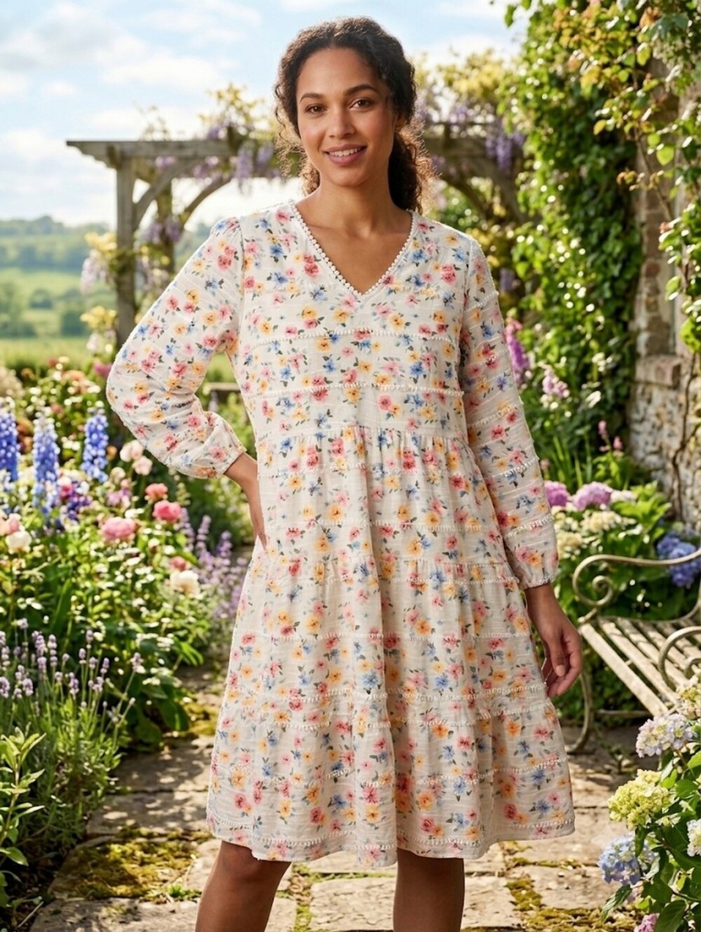 Ruby Rd. Floral Boho Tiered V'neck Mini Peasant Dress